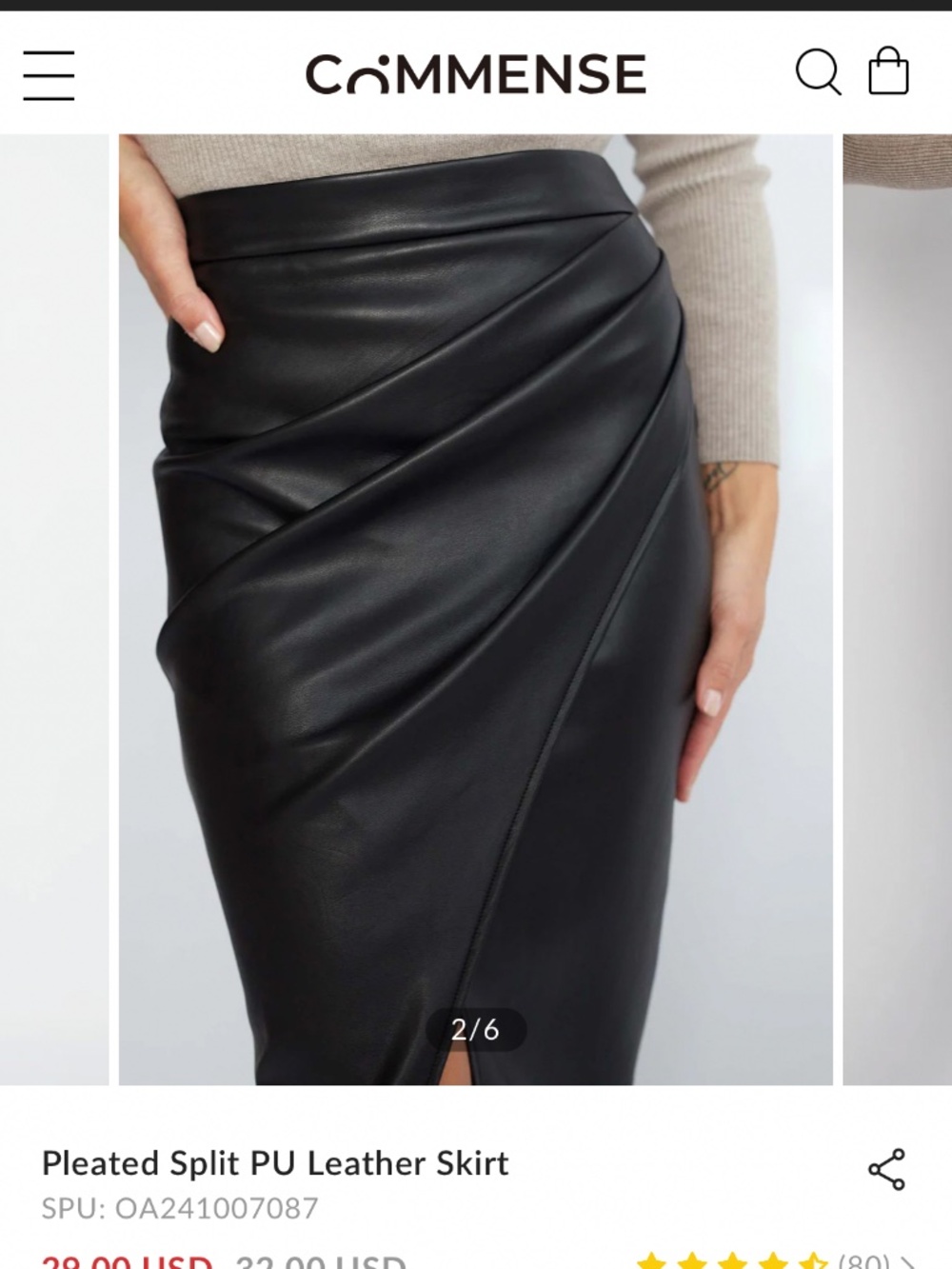 Commense Pleated Split PU Leather Skirt
